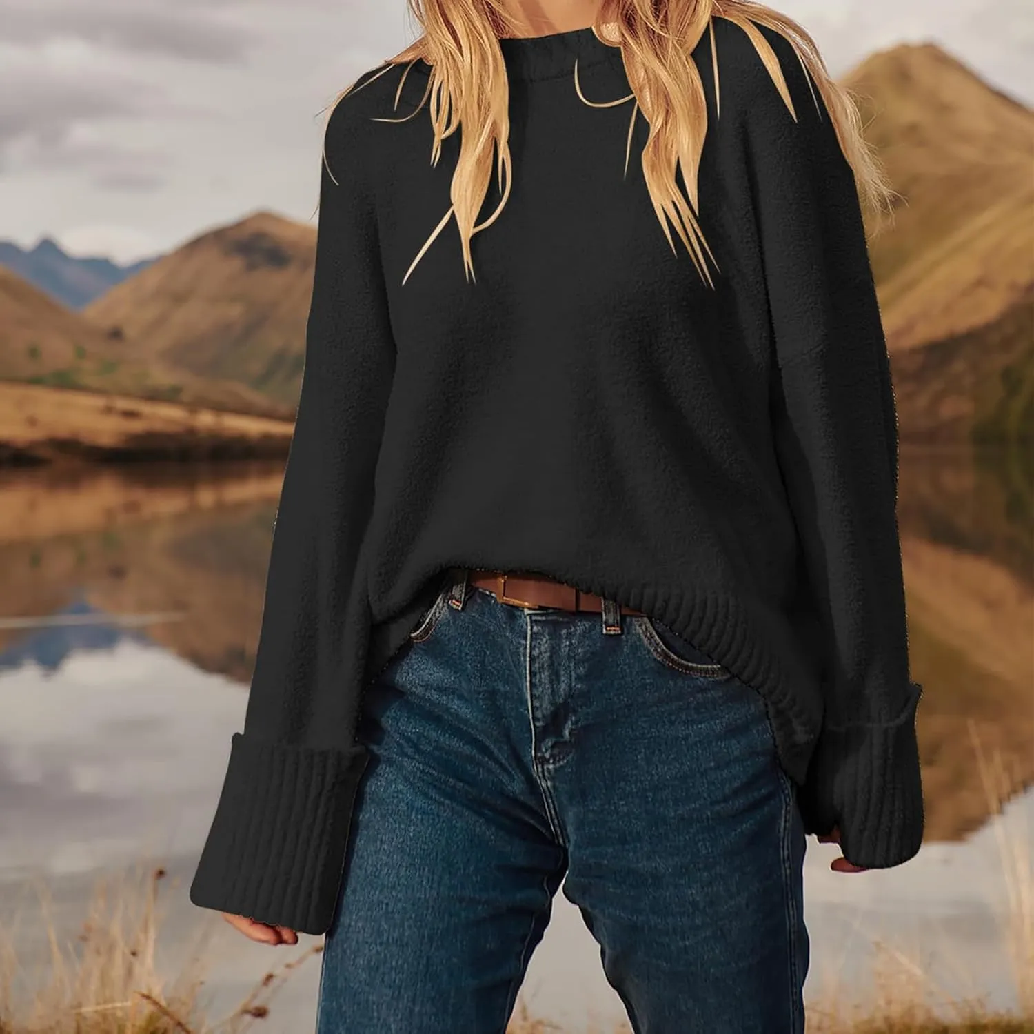 Fuzzy Crewneck Oversized Sweater for Women Long Sleeve Soft Chunky Knitted Pullover Fall Winter Warm Top Clothes