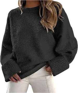 Fuzzy Crewneck Oversized Sweater for Women Long Sleeve Soft Chunky Knitted Pullover Fall Winter Warm Top Clothes
