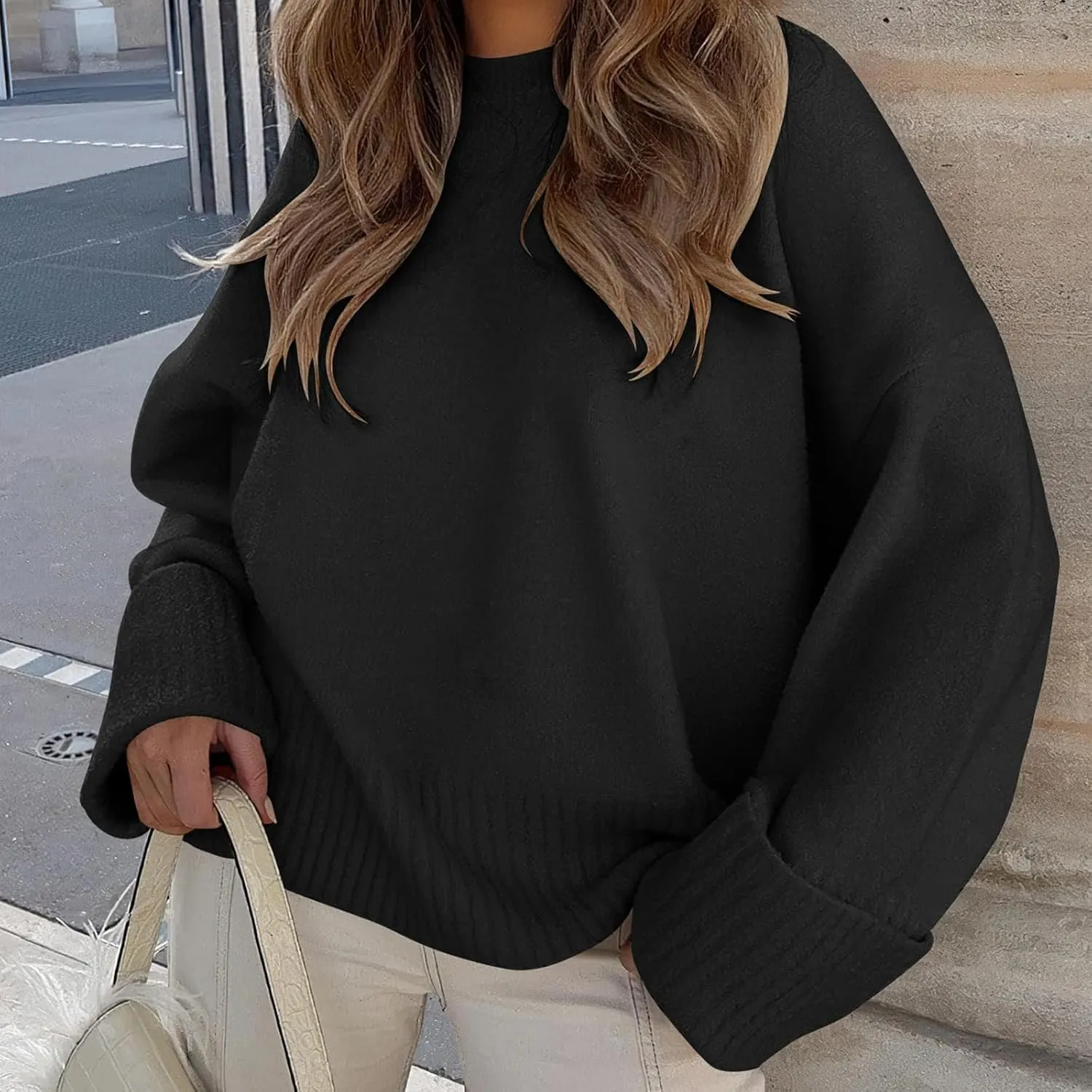 Fuzzy Crewneck Oversized Sweater for Women Long Sleeve Soft Chunky Knitted Pullover Fall Winter Warm Top Clothes