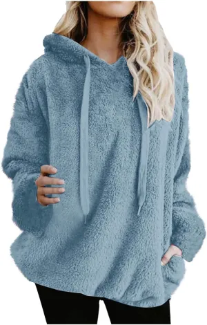 Fuzzy Fleece Hoodies For Women Casual Long Sleeve Shaggy Sherpa Pullover Tops Winter Warm Clothes With Pockets