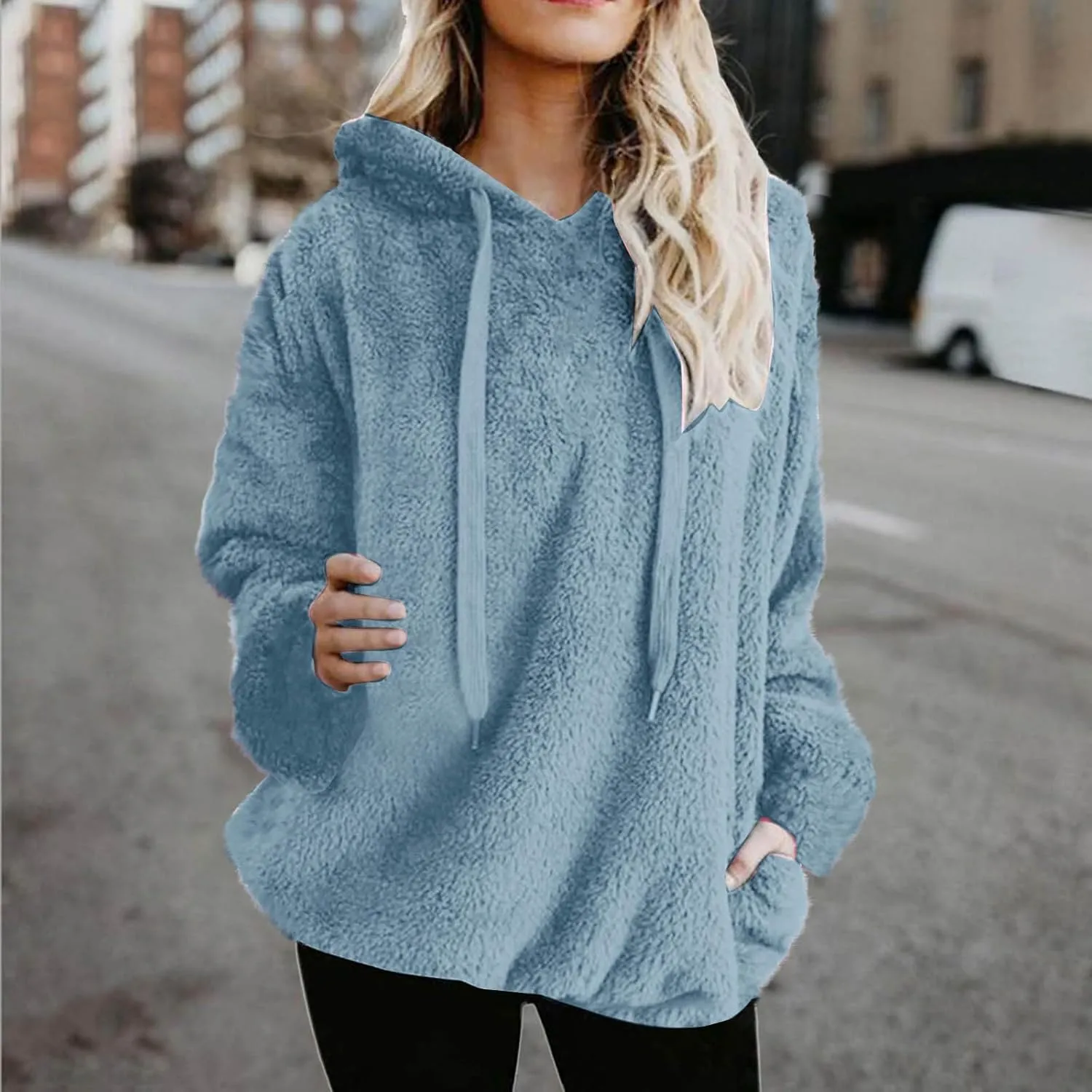 Fuzzy Fleece Hoodies For Women Casual Long Sleeve Shaggy Sherpa Pullover Tops Winter Warm Clothes With Pockets