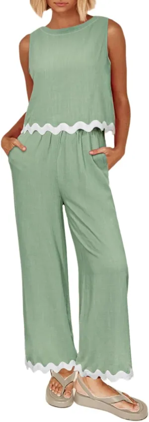 Glamaker Women's Summer 2 Piece Outfits Sleeveless Linen Tank Top Wide Leg Pants Jumpsuits Vacation Matching Sets