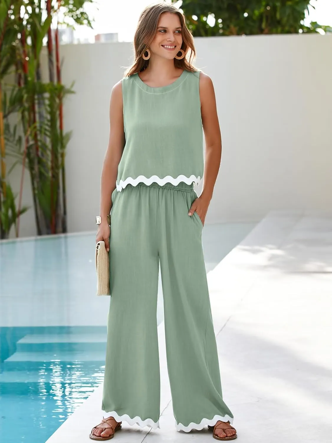 Glamaker Women's Summer 2 Piece Outfits Sleeveless Linen Tank Top Wide Leg Pants Jumpsuits Vacation Matching Sets
