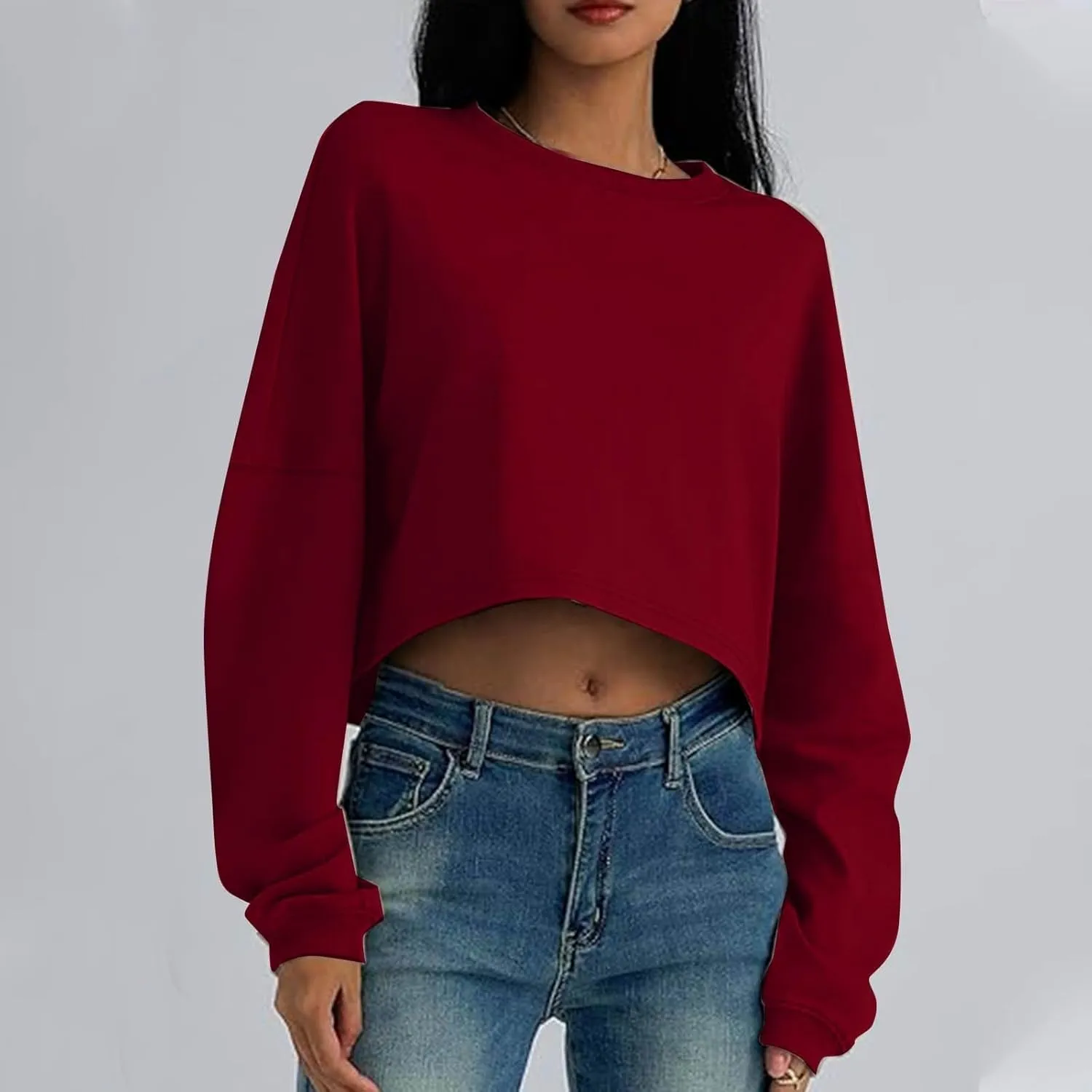 Gumipy Crewneck Sweatshirts Women Long Sleeve Cropped Sweatshirt Sweater Trendy Drop Shoulder Pullover Tops Comfy Winter Tops