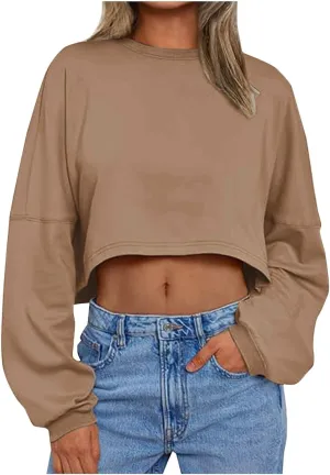Gumipy Crewneck Sweatshirts Women Long Sleeve Cropped Sweatshirt Sweater Trendy Drop Shoulder Pullover Tops Comfy Winter Tops