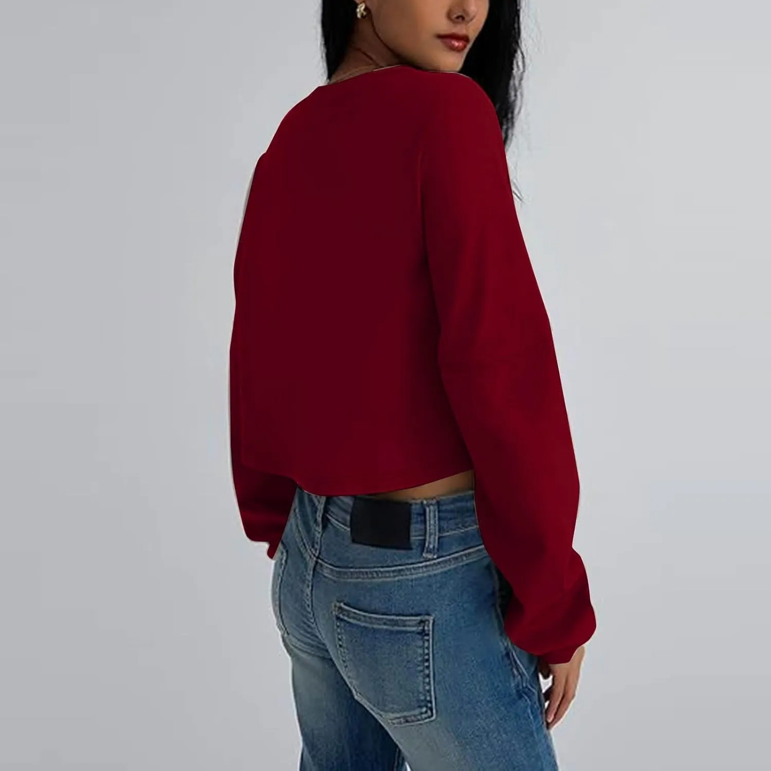 Gumipy Crewneck Sweatshirts Women Long Sleeve Cropped Sweatshirt Sweater Trendy Drop Shoulder Pullover Tops Comfy Winter Tops