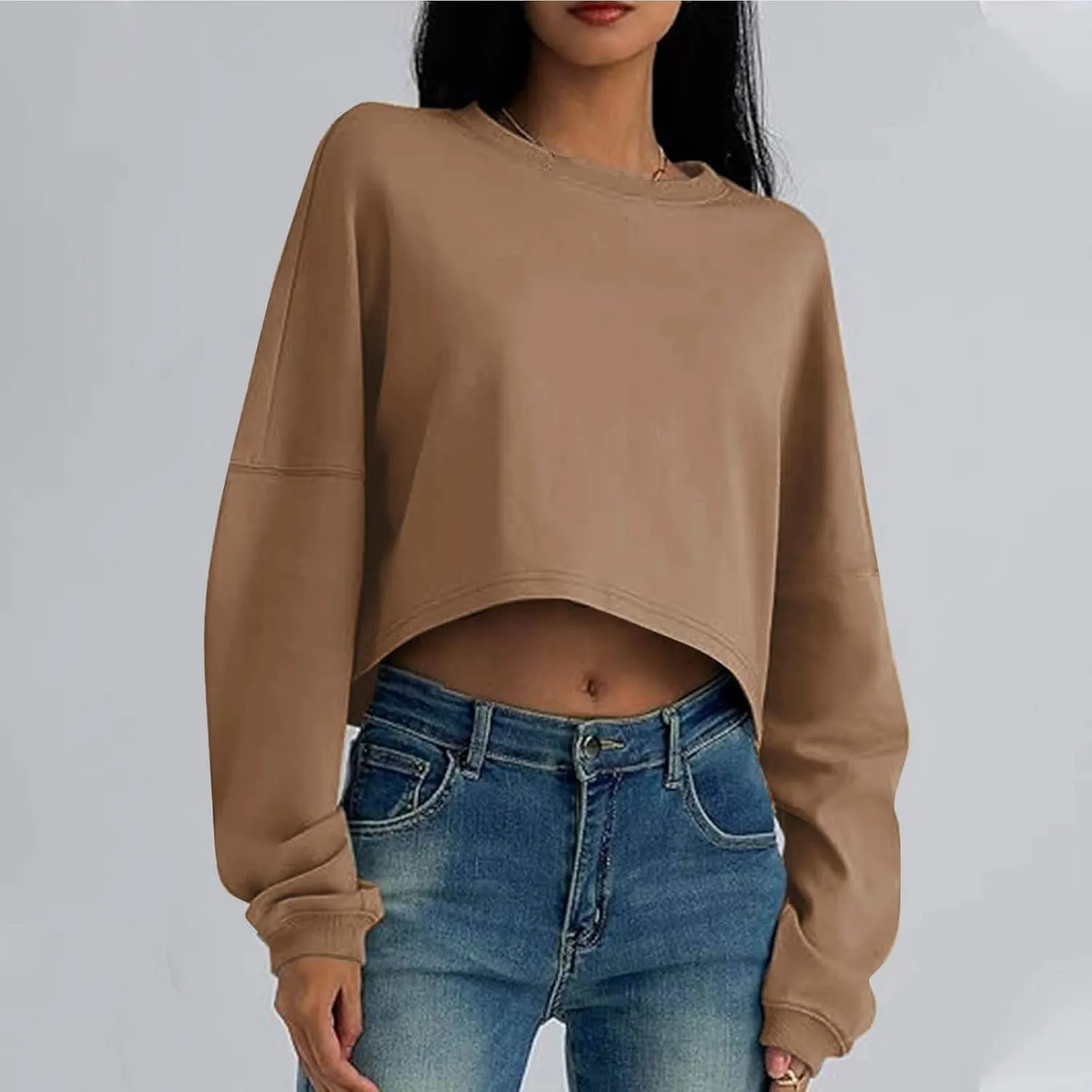 Gumipy Crewneck Sweatshirts Women Long Sleeve Cropped Sweatshirt Sweater Trendy Drop Shoulder Pullover Tops Comfy Winter Tops