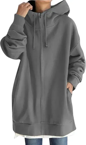 Gumipy Zip Up Hoodie Women Plus Size Drastring Zip Up Jackets Hoodies Y2K Long Sleeve Sweatshirt Dress Pullover with Pockets