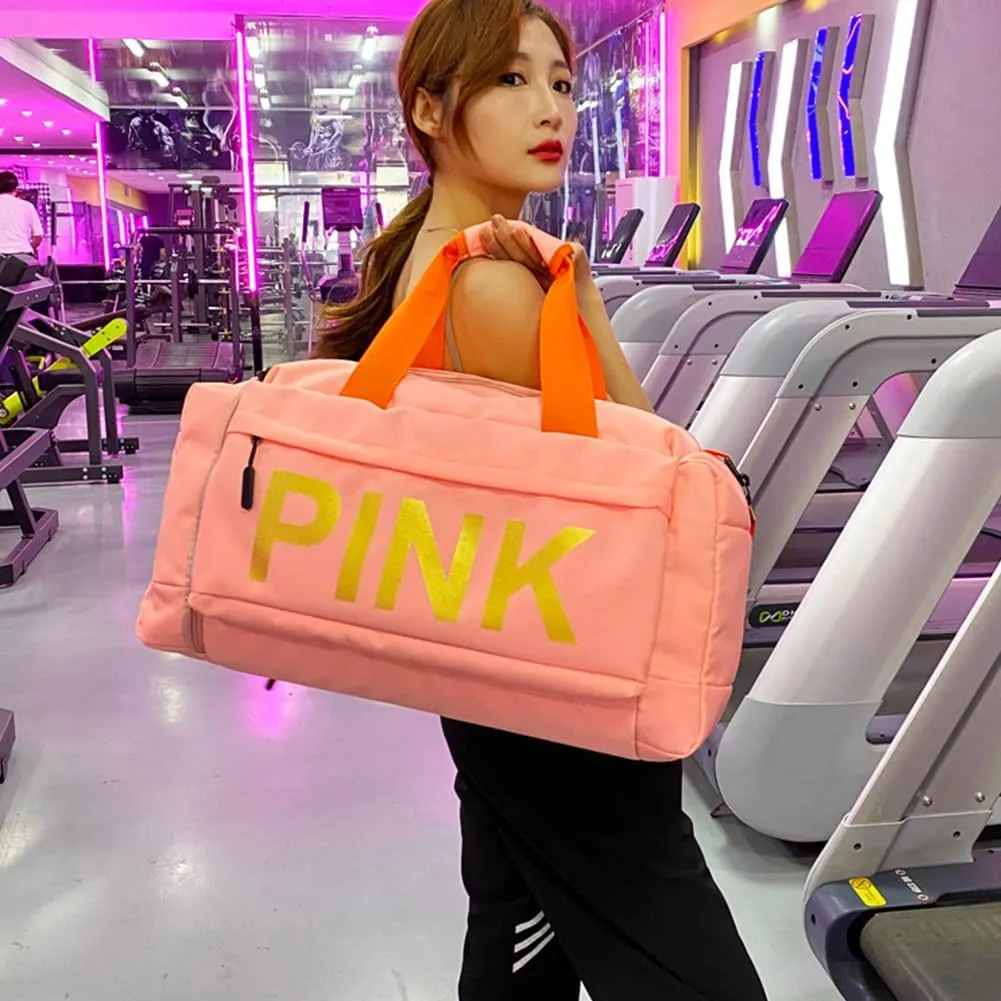 Gym Bag for Women Men, Duffle Shoulder Bags Sports Tote Bags, Waterproof Weekend Bags for Travel, Hiking, Workouts, Perfect for Mom's Gifts(White), Pink