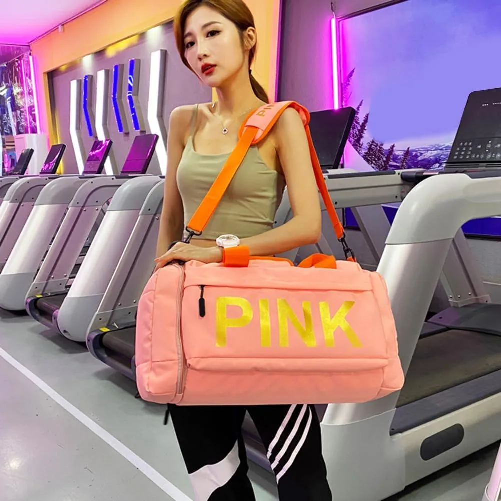 Gym Bag for Women Men, Duffle Shoulder Bags Sports Tote Bags, Waterproof Weekend Bags for Travel, Hiking, Workouts, Perfect for Mom's Gifts(White), Pink
