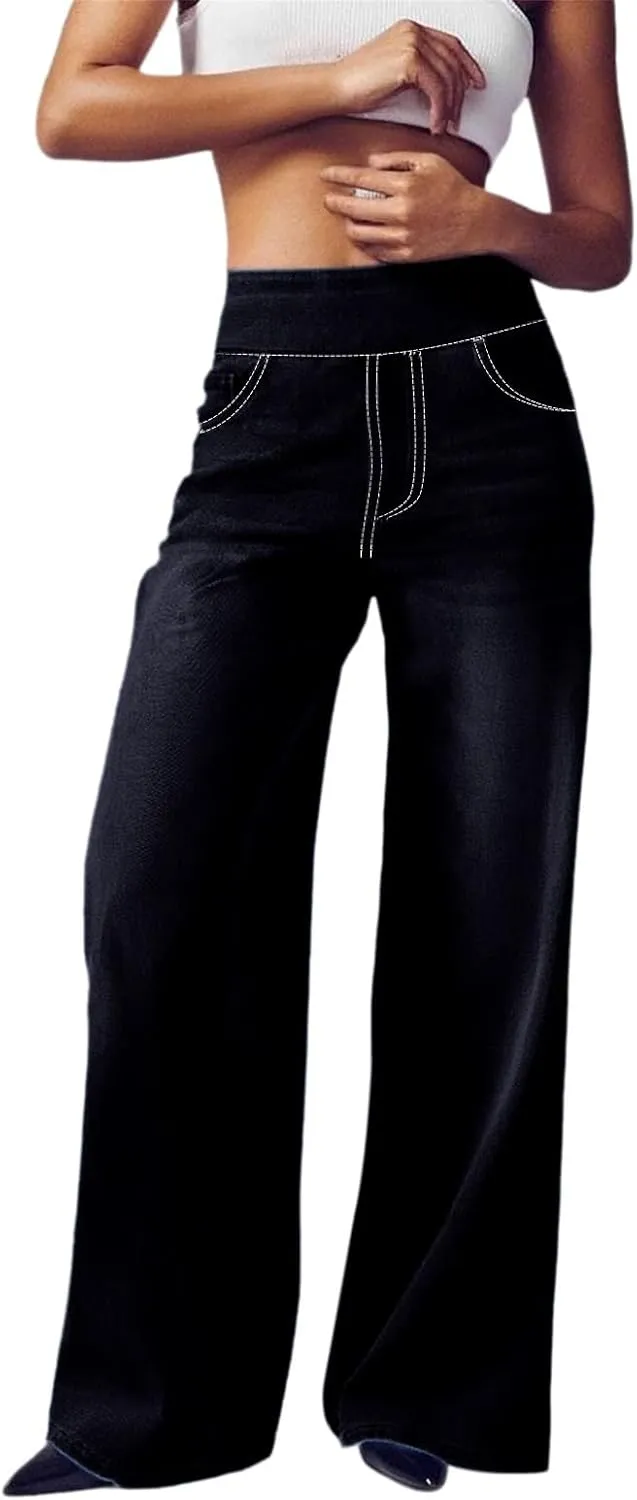 High Waist Wide Leg Jeans for Women Loose Stretch Denim Pant with Pocket Stylish Workout Travel Skinny Casual Outfits