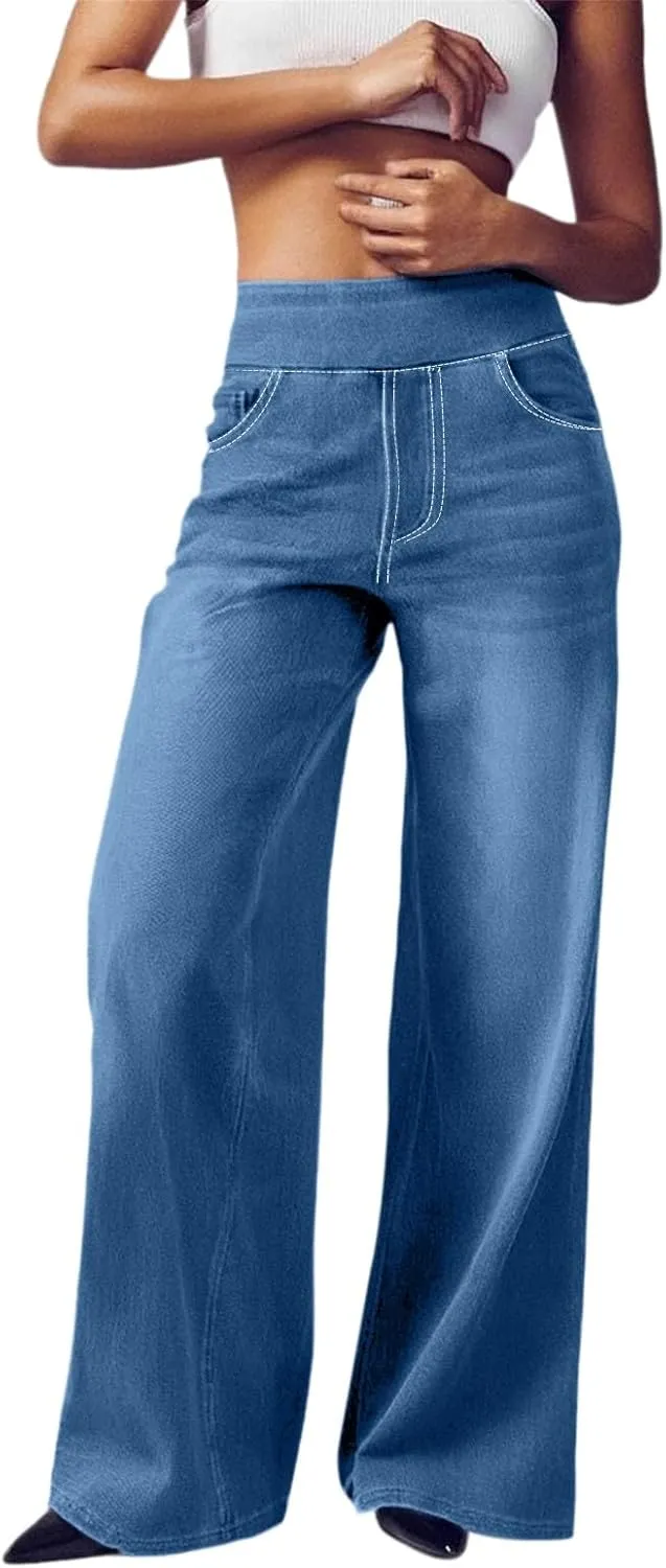 High Waist Wide Leg Jeans for Women Loose Stretch Denim Pant with Pocket Stylish Workout Travel Skinny Casual Outfits