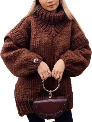 HOULENGS Women's Vintage Long Sleeve Turtleneck Sweater Chunky Knit Oversized Pullover Tops