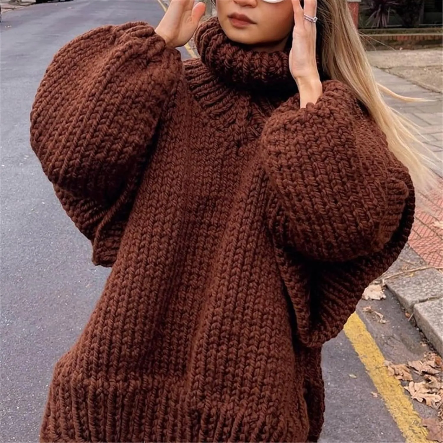 HOULENGS Women's Vintage Long Sleeve Turtleneck Sweater Chunky Knit Oversized Pullover Tops