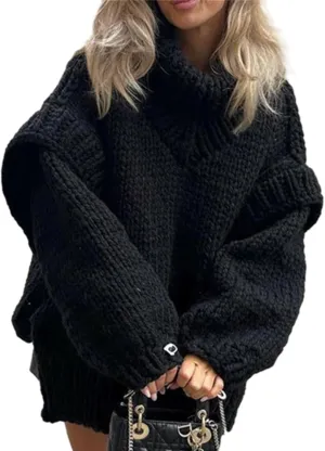 HOULENGS Women's Vintage Long Sleeve Turtleneck Sweater Chunky Knit Oversized Pullover Tops