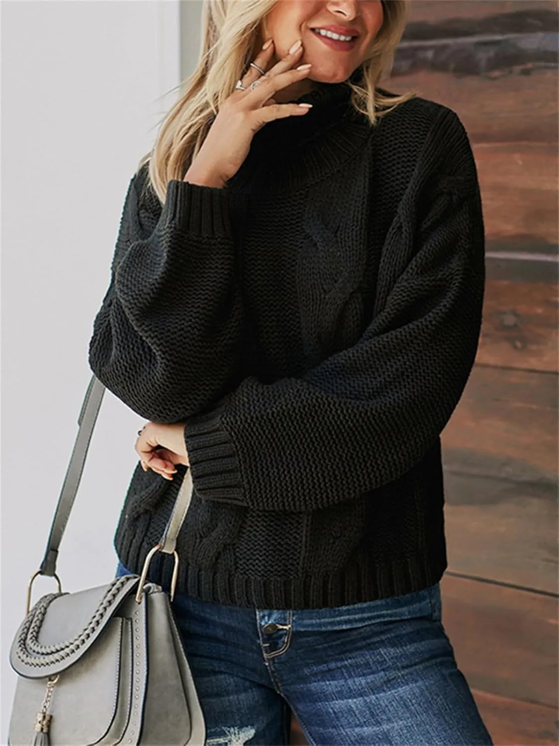 HOULENGS Women's Winter Long Sleeve Turtleneck Sweater Oversized Chunky Knitted Pullover Tops