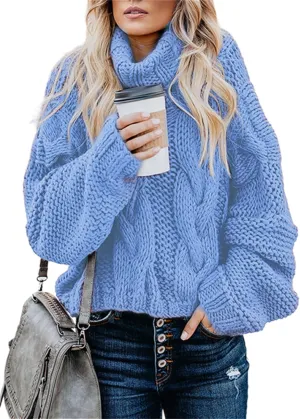 HOULENGS Women's Winter Long Sleeve Turtleneck Sweater Oversized Chunky Knitted Pullover Tops