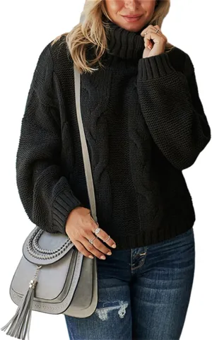 HOULENGS Women's Winter Long Sleeve Turtleneck Sweater Oversized Chunky Knitted Pullover Tops