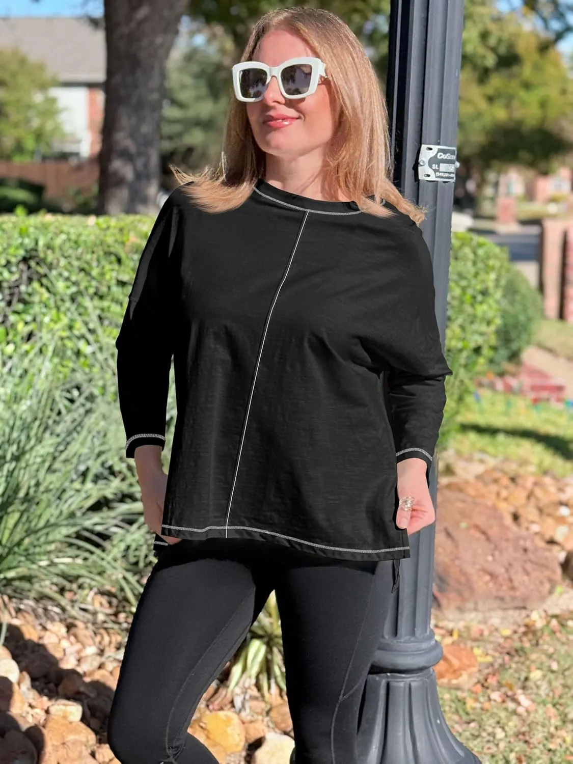 Imily Bela Womens Oversized Tops Long Sleeve Shirts Exposed Line Round Neck Tee Side Slit Cotton Basic Top 2025