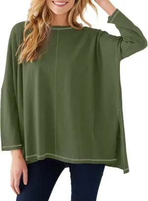 Imily Bela Womens Oversized Tops Long Sleeve Shirts Exposed Line Round Neck Tee Side Slit Cotton Basic Top 2025