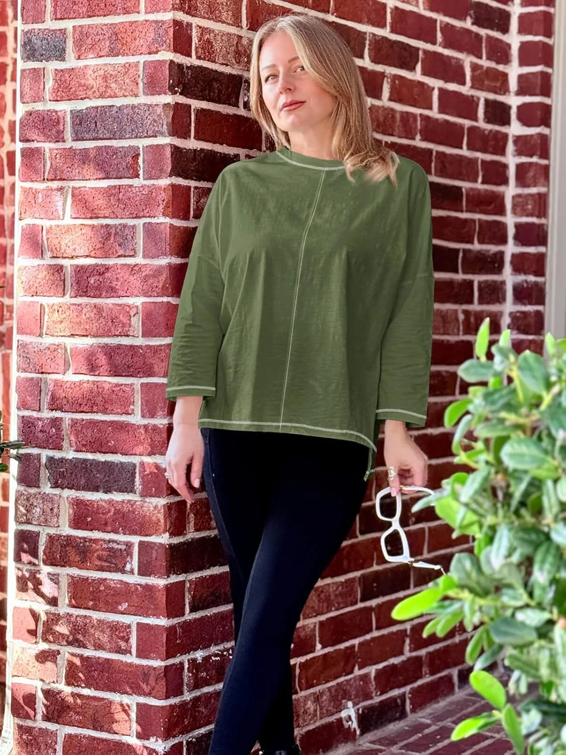 Imily Bela Womens Oversized Tops Long Sleeve Shirts Exposed Line Round Neck Tee Side Slit Cotton Basic Top 2025
