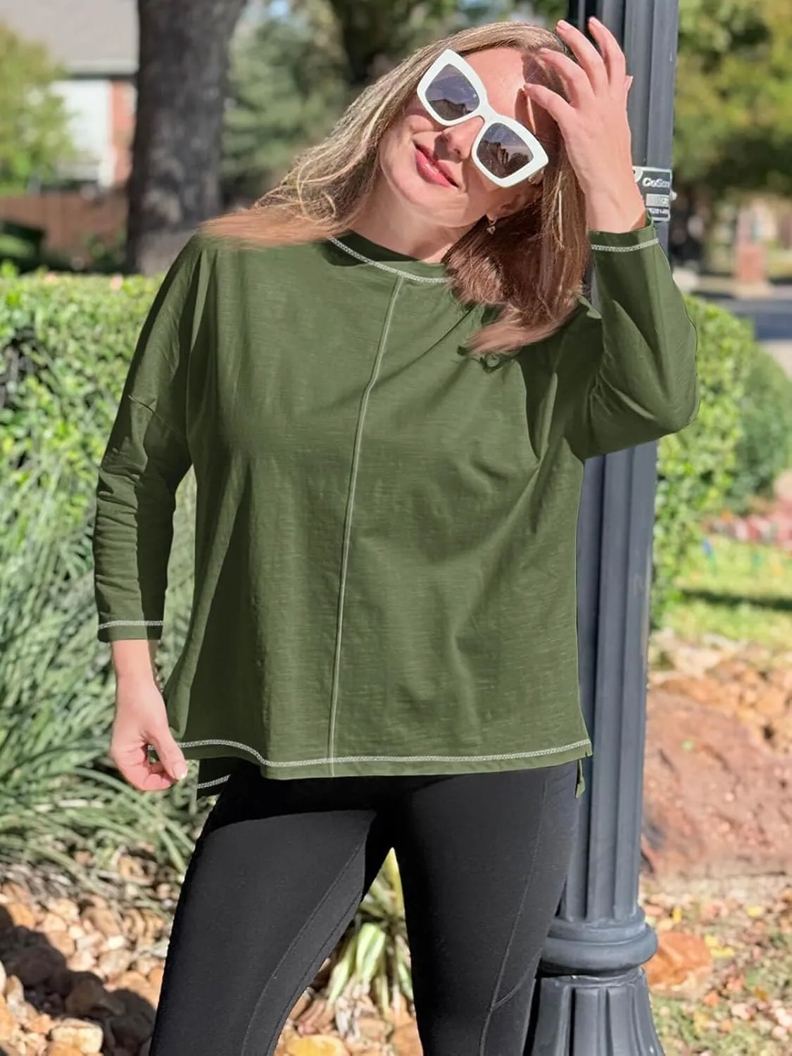 Imily Bela Womens Oversized Tops Long Sleeve Shirts Exposed Line Round Neck Tee Side Slit Cotton Basic Top 2025