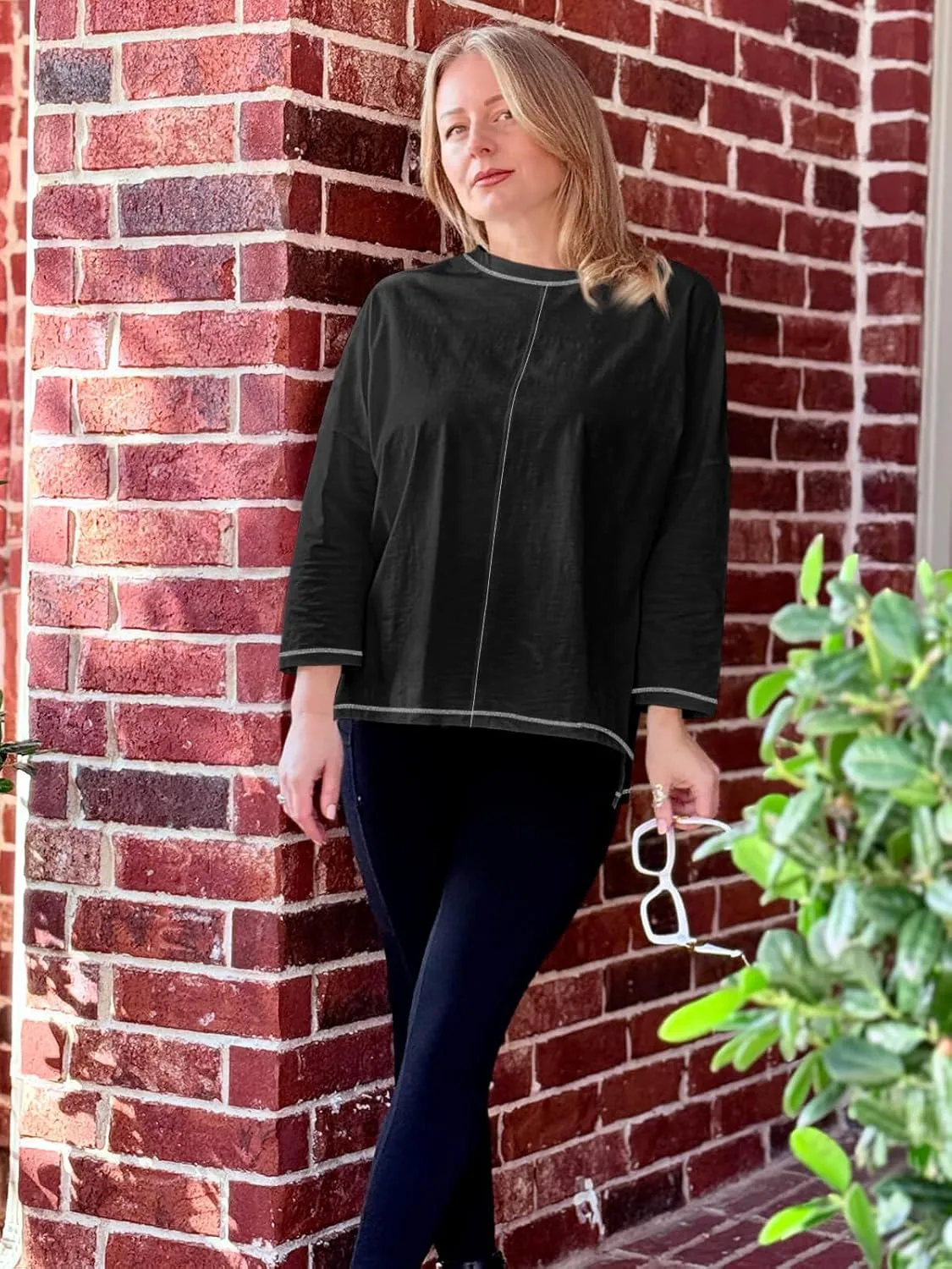 Imily Bela Womens Oversized Tops Long Sleeve Shirts Exposed Line Round Neck Tee Side Slit Cotton Basic Top 2025
