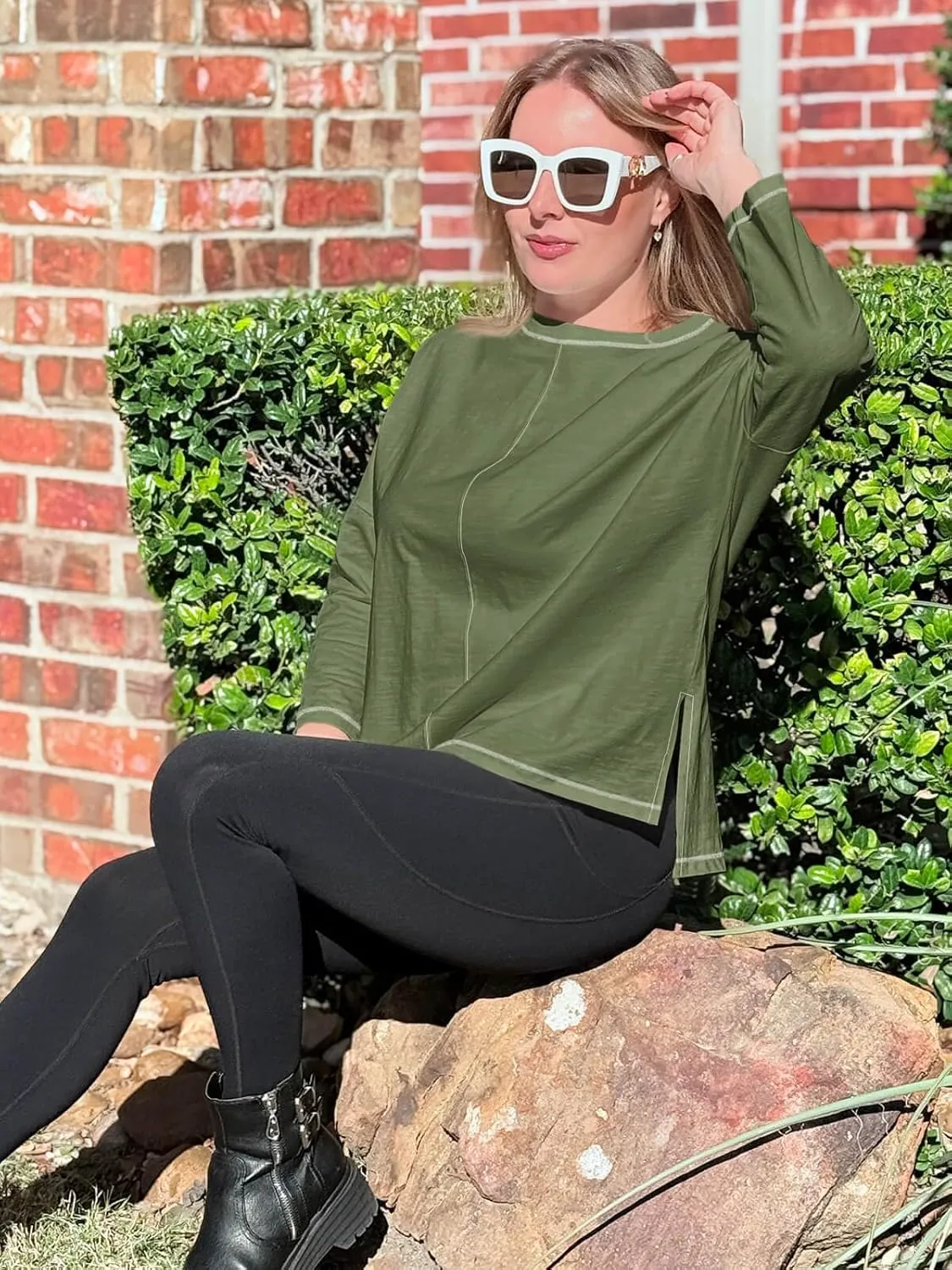 Imily Bela Womens Oversized Tops Long Sleeve Shirts Exposed Line Round Neck Tee Side Slit Cotton Basic Top 2025