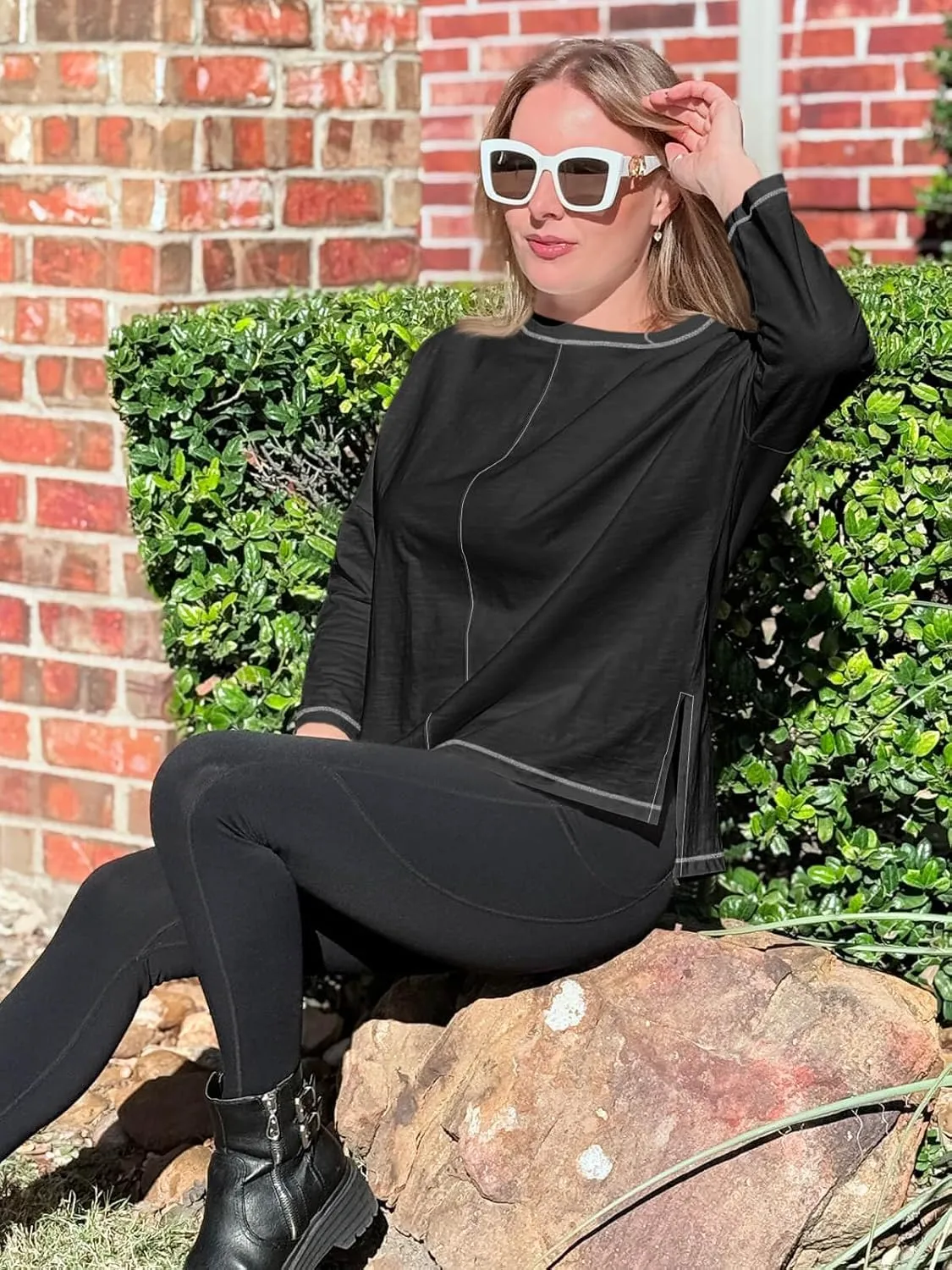 Imily Bela Womens Oversized Tops Long Sleeve Shirts Exposed Line Round Neck Tee Side Slit Cotton Basic Top 2025