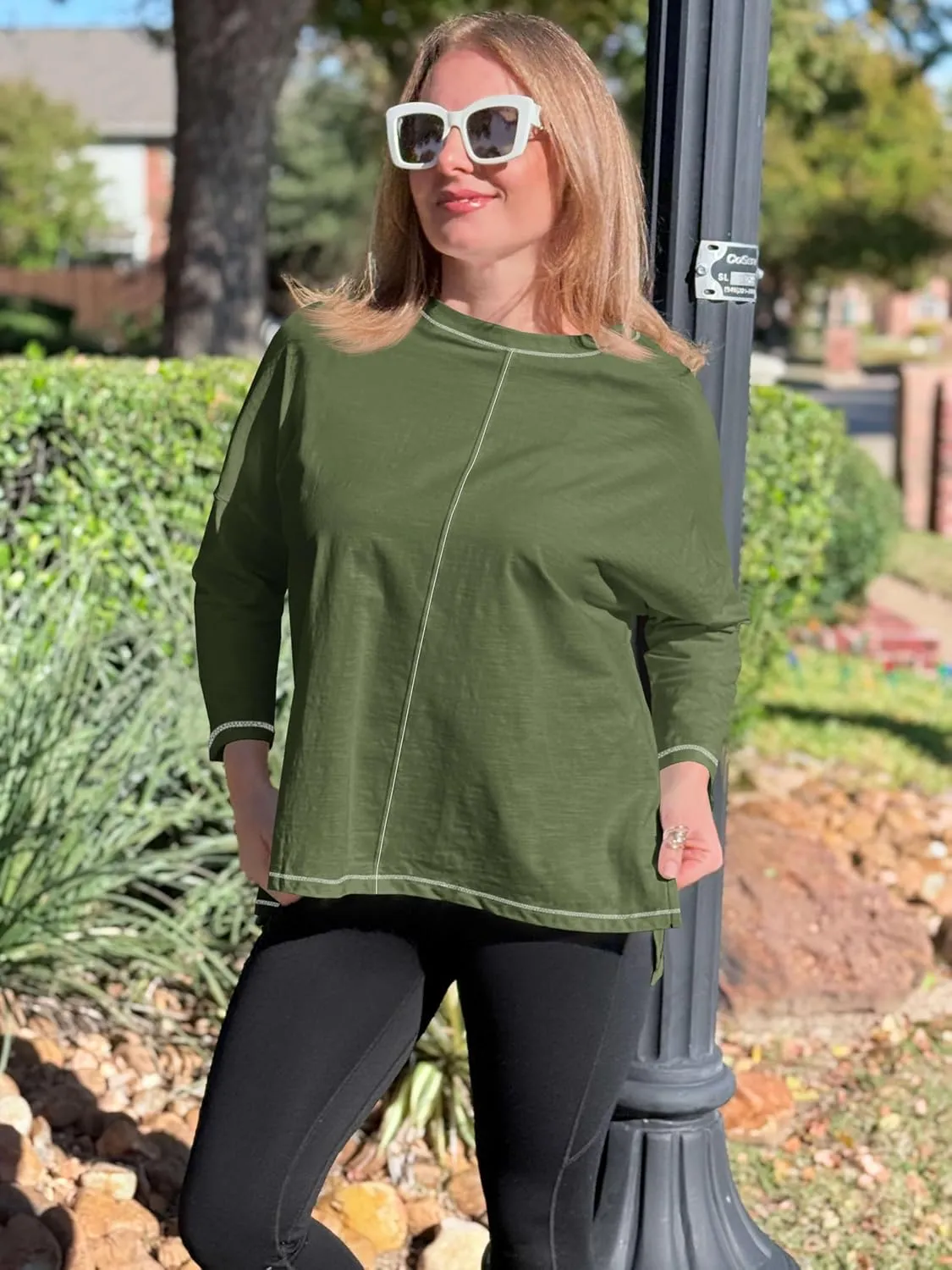 Imily Bela Womens Oversized Tops Long Sleeve Shirts Exposed Line Round Neck Tee Side Slit Cotton Basic Top 2025