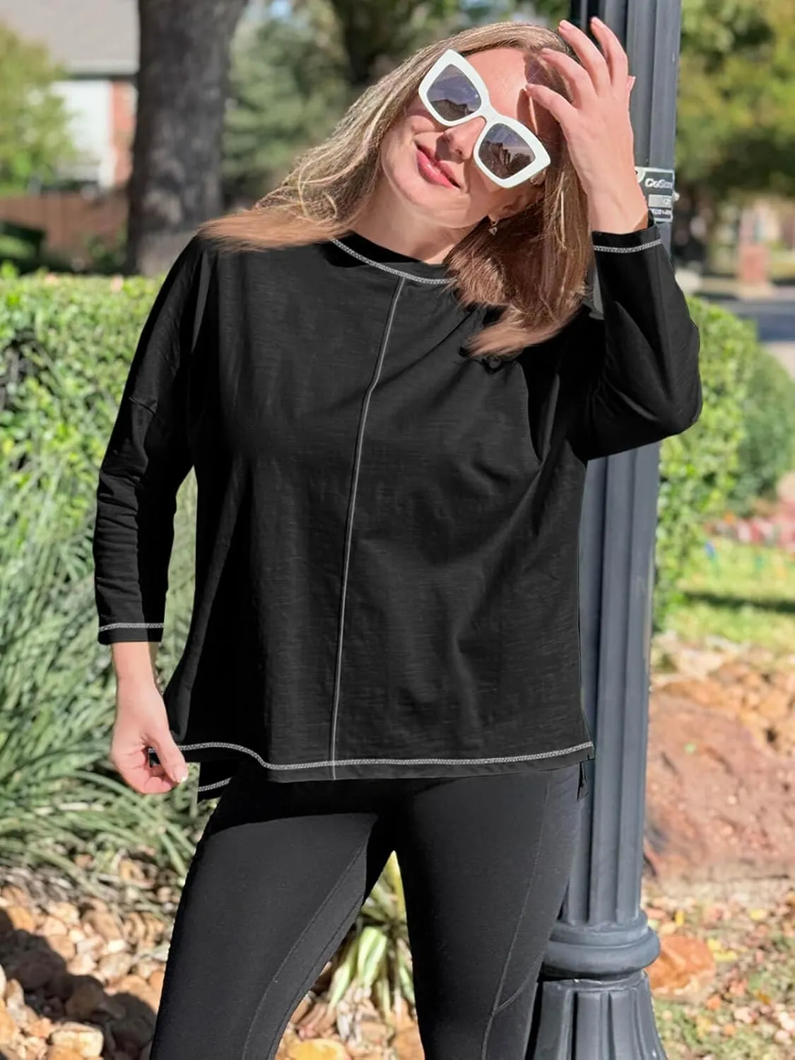 Imily Bela Womens Oversized Tops Long Sleeve Shirts Exposed Line Round Neck Tee Side Slit Cotton Basic Top 2025