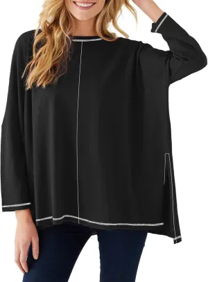 Imily Bela Womens Oversized Tops Long Sleeve Shirts Exposed Line Round Neck Tee Side Slit Cotton Basic Top 2025