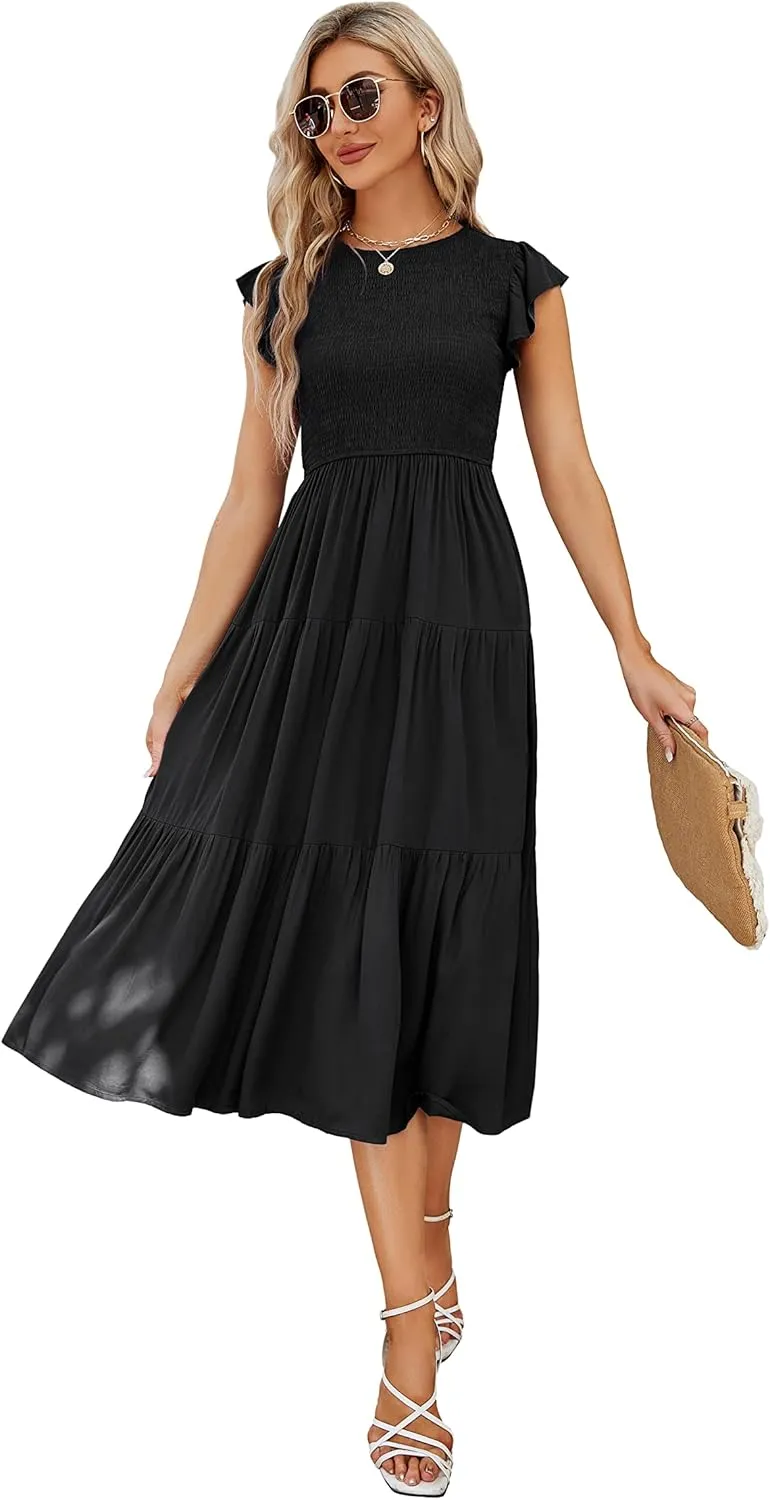 JASPAL Women's Casual Smocked Midi Dress Round Neck Elastic High Waist Flute Dresses Summer