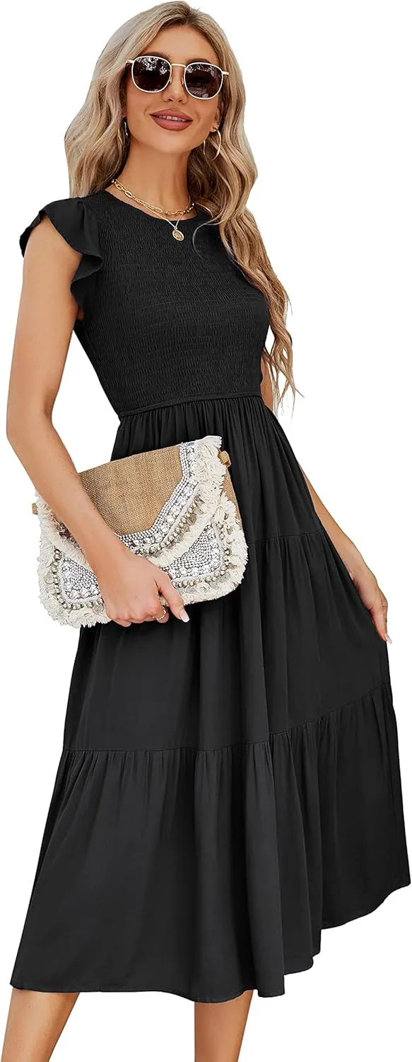 JASPAL Women's Casual Smocked Midi Dress Round Neck Elastic High Waist Flute Dresses Summer