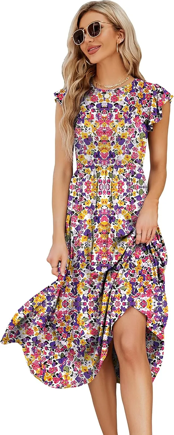 JASPAL Women's Casual Smocked Midi Dress Round Neck Elastic High Waist Flute Dresses Summer