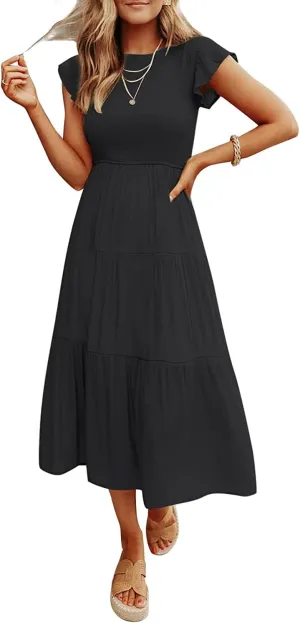 JASPAL Women's Casual Smocked Midi Dress Round Neck Elastic High Waist Flute Dresses Summer