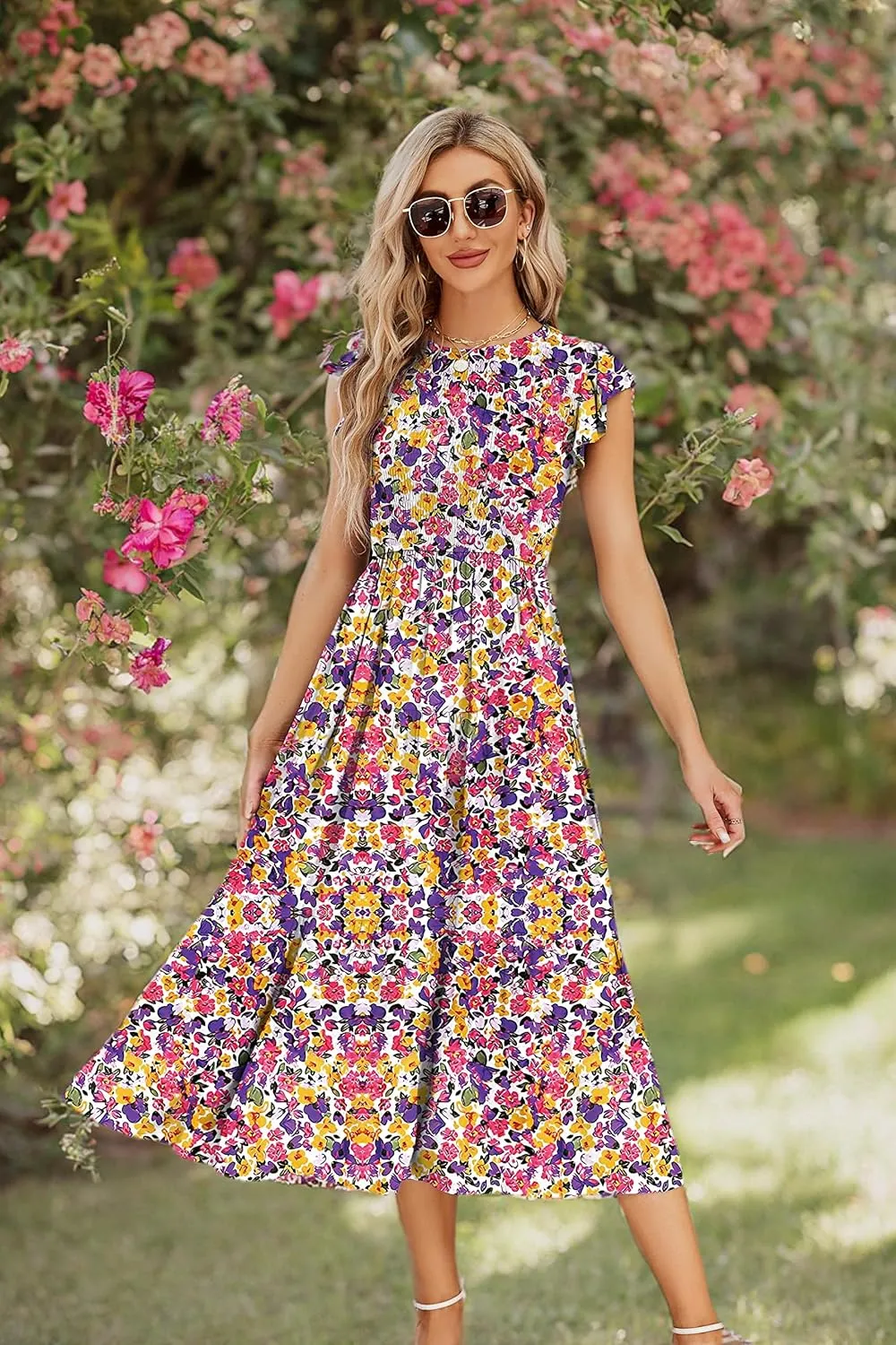JASPAL Women's Casual Smocked Midi Dress Round Neck Elastic High Waist Flute Dresses Summer