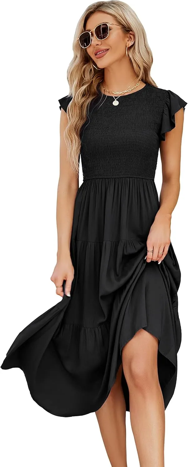 JASPAL Women's Casual Smocked Midi Dress Round Neck Elastic High Waist Flute Dresses Summer