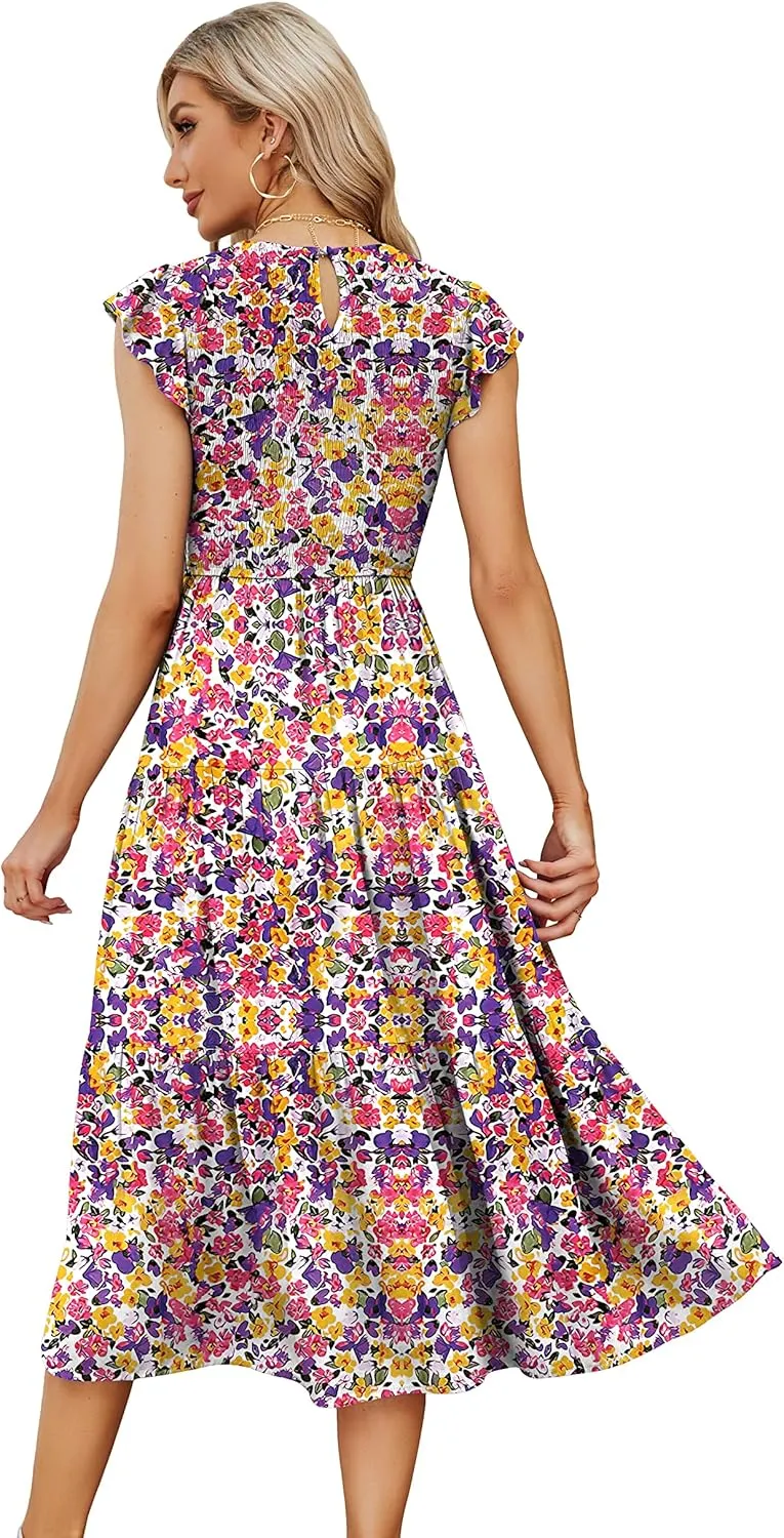 JASPAL Women's Casual Smocked Midi Dress Round Neck Elastic High Waist Flute Dresses Summer