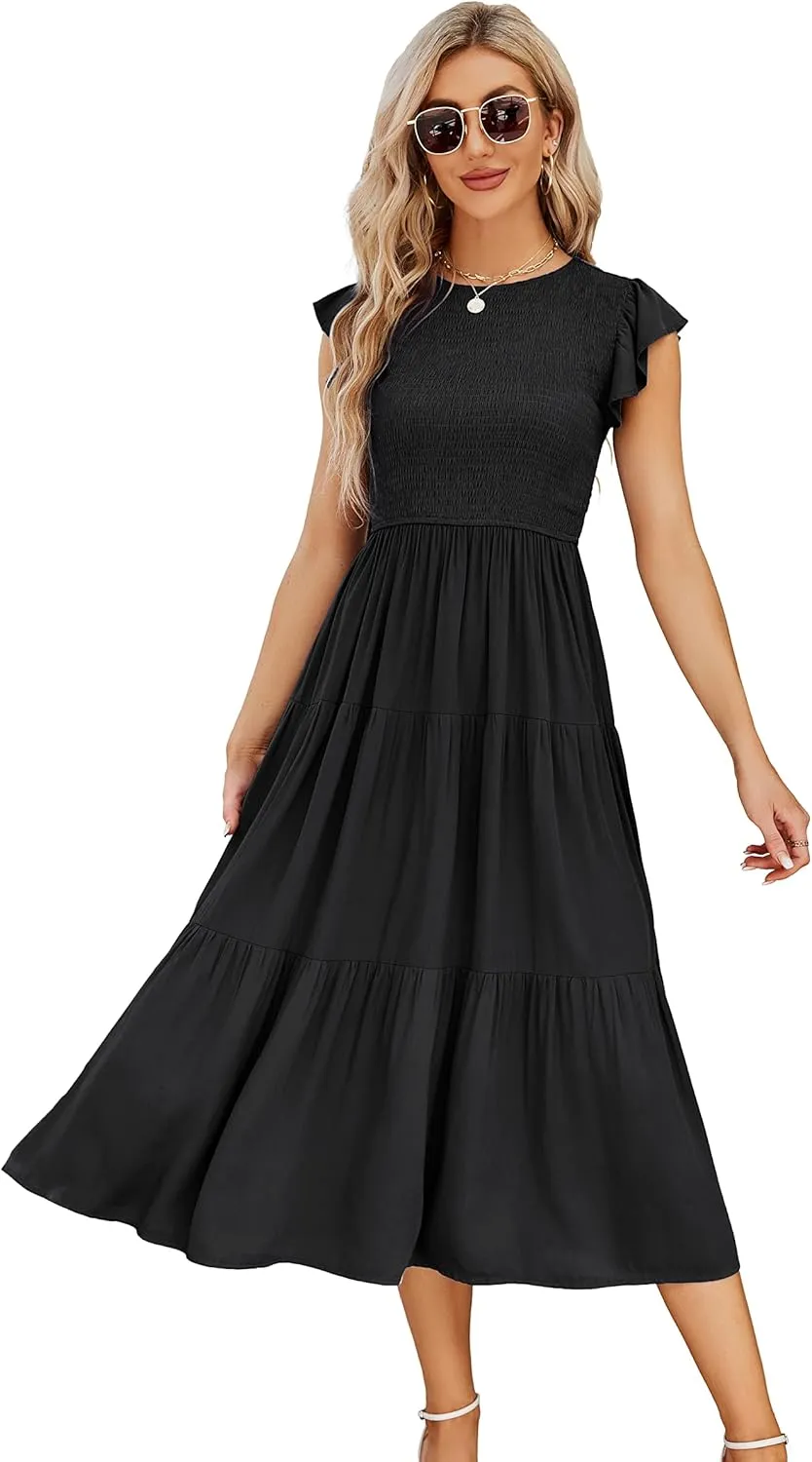 JASPAL Women's Casual Smocked Midi Dress Round Neck Elastic High Waist Flute Dresses Summer
