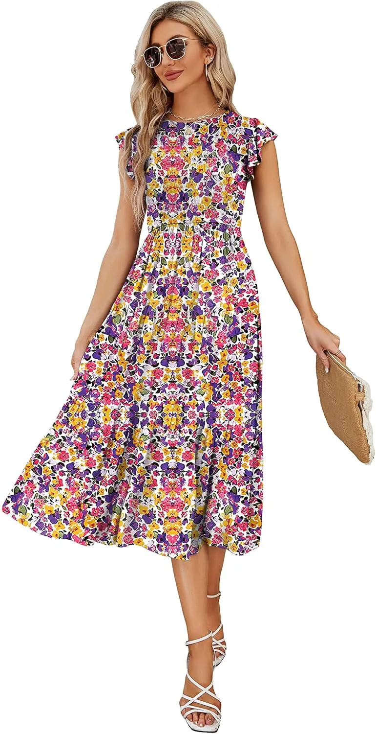JASPAL Women's Casual Smocked Midi Dress Round Neck Elastic High Waist Flute Dresses Summer