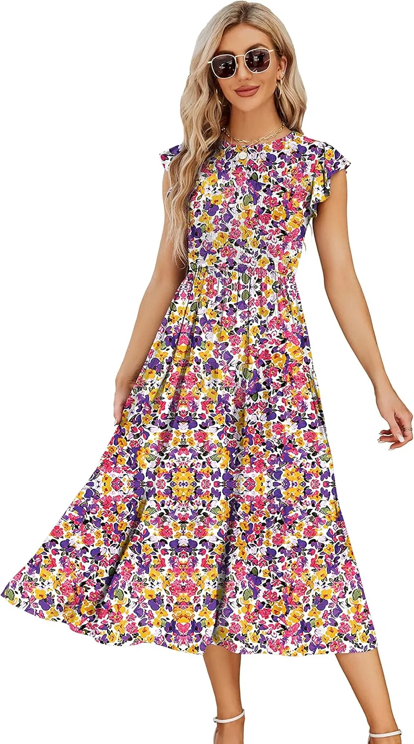 JASPAL Women's Casual Smocked Midi Dress Round Neck Elastic High Waist Flute Dresses Summer
