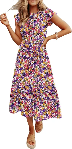 JASPAL Women's Casual Smocked Midi Dress Round Neck Elastic High Waist Flute Dresses Summer