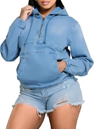Jean Shirts for Women Denim Long Shirts for Womens Women's Half Zip Denim Hoodie Pullover Jacket Jean Tops