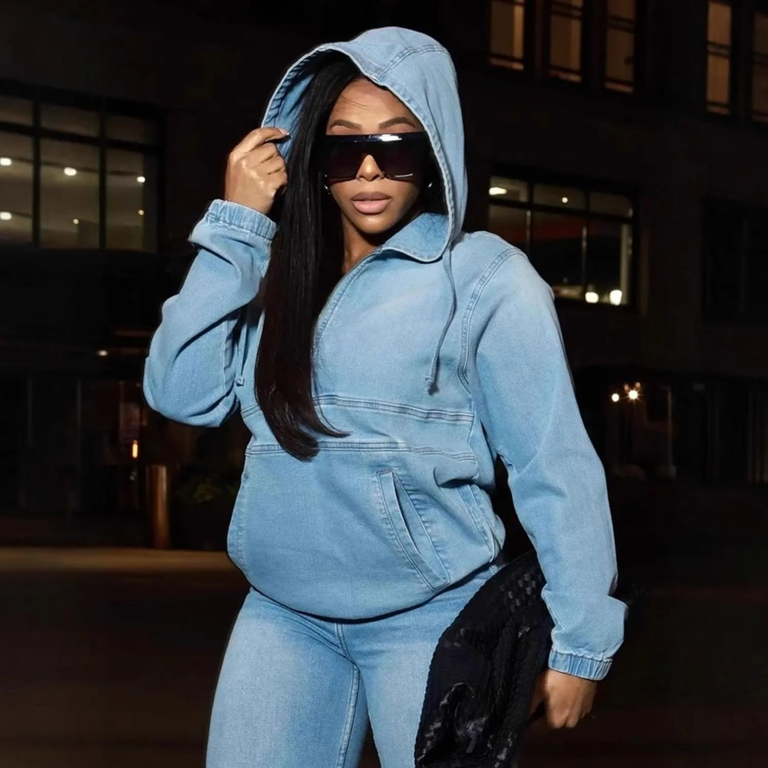 Jean Shirts for Women Denim Long Shirts for Womens Women's Half Zip Denim Hoodie Pullover Jacket Jean Tops
