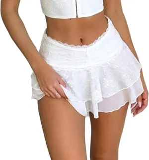 Lace Skirts for Women Mini Ruffle Ruched Shorts Flowy Skirt Layered Tiered Pleated Skort Micro Bloomer Skirts