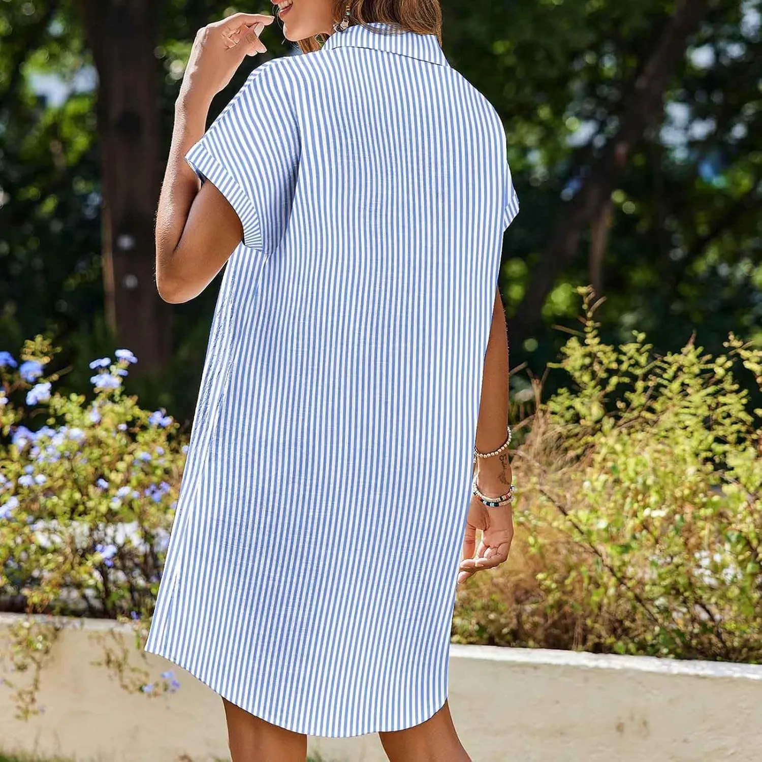 LEMONONSTORE Button Down Collared Shirt Dress for Women Summer Shift Mini Tunic Dresses Roll Up Short Sleeve Holiday Outfits