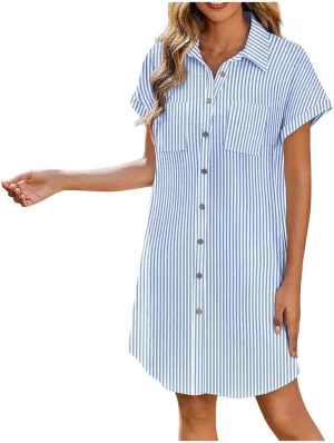 LEMONONSTORE Button Down Collared Shirt Dress for Women Summer Shift Mini Tunic Dresses Roll Up Short Sleeve Holiday Outfits