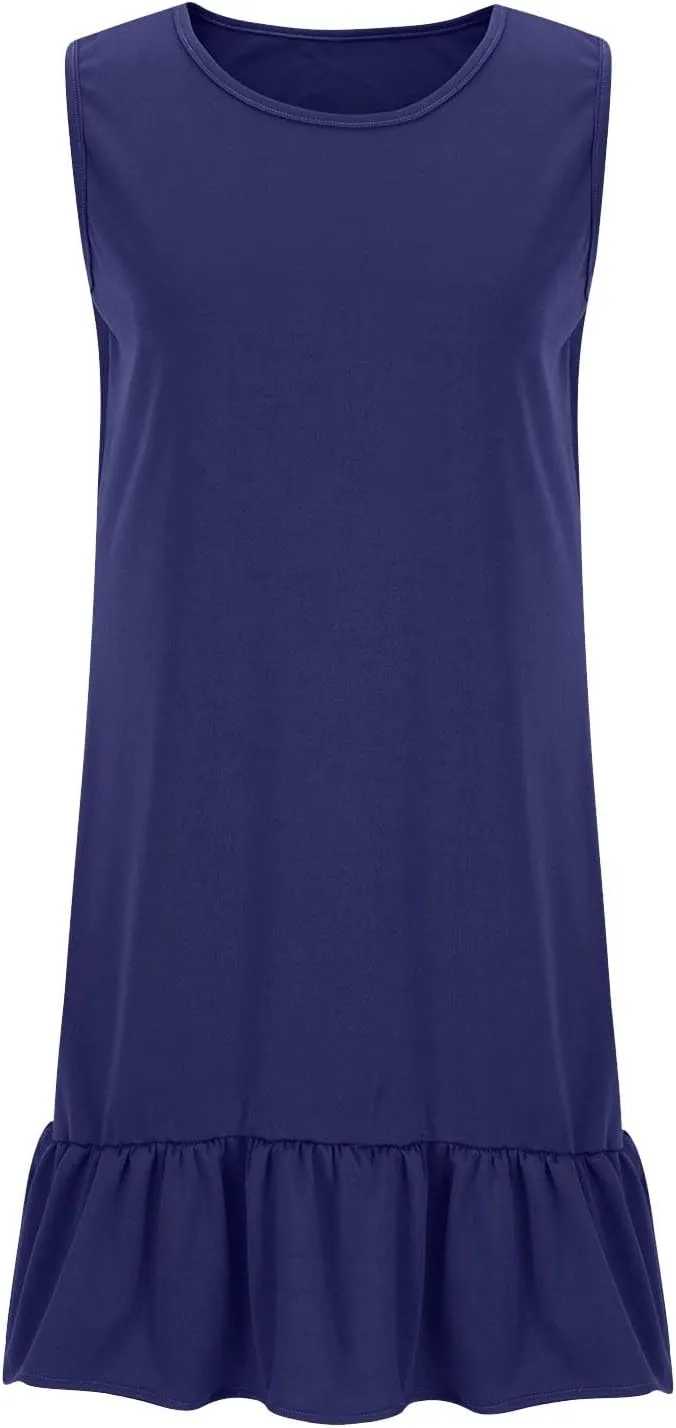 LEMONONSTORE Summer Sleeveless Shift Tunic Dresses fotr Women Casual Loose Fit Ruffle Trim A Line Midi Dress with Pockets