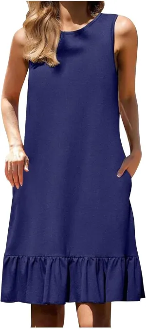 LEMONONSTORE Summer Sleeveless Shift Tunic Dresses fotr Women Casual Loose Fit Ruffle Trim A Line Midi Dress with Pockets